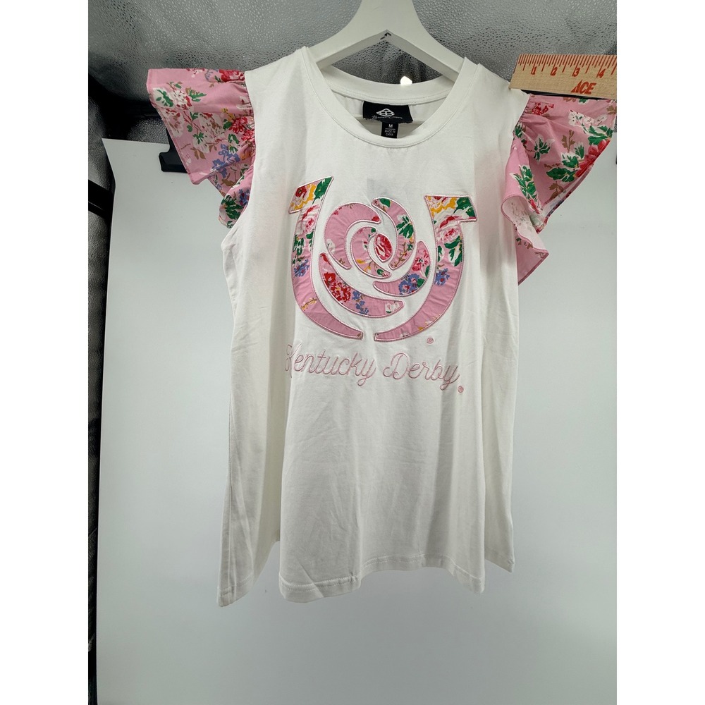 Brianna Cannon Laura Ashley Kentucky Derby Pink Ruffle Tee Shirt White Med NEW